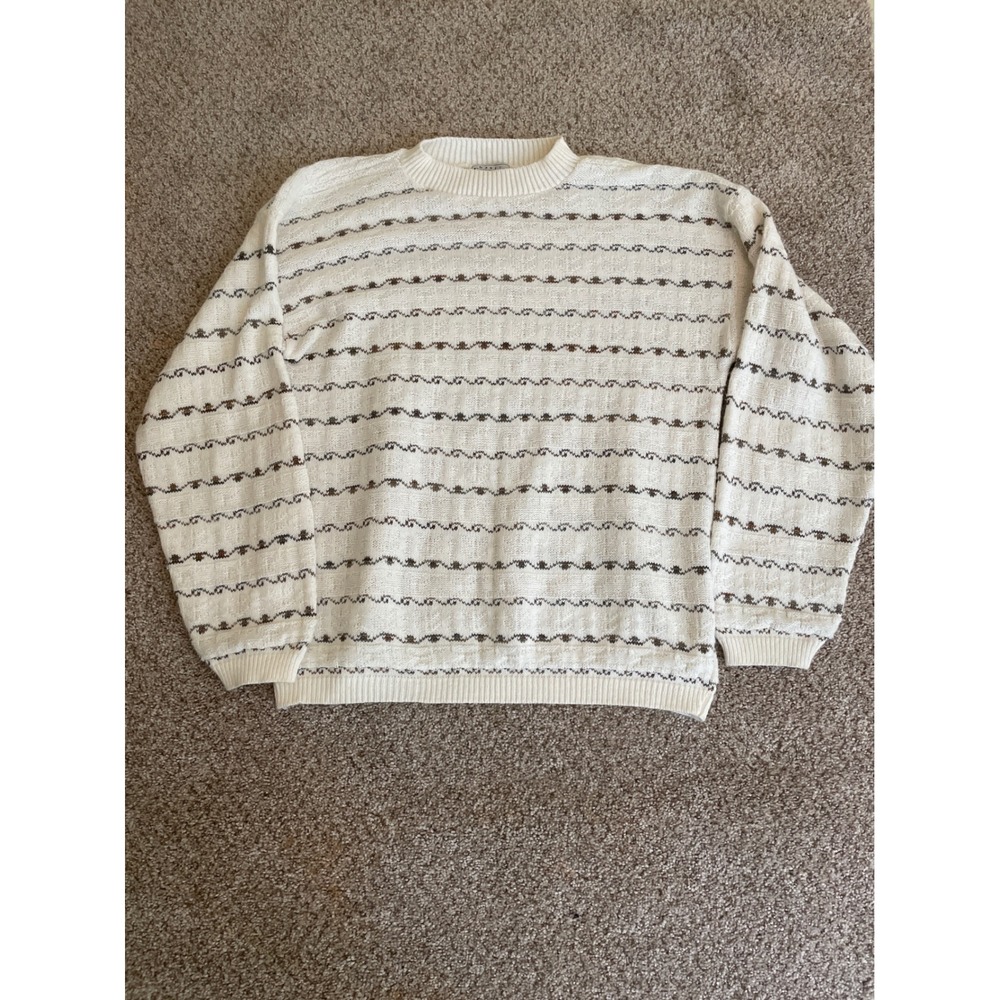 Basic Editions Men Mockneck Sweater XL Cream Brown Stripe Textured Knit Pullover